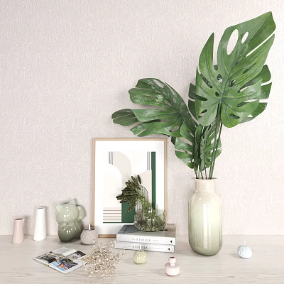 Stylish Decorative Ornament Set With Large Green Leaves Plant Framed Artwork And Ceramic Vase 3d model