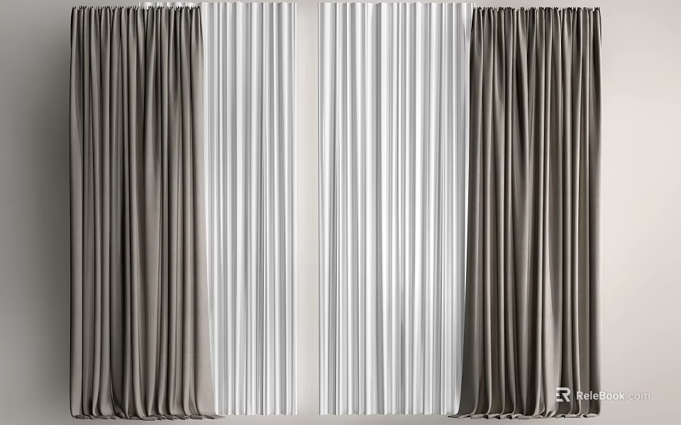 Modern Gray And White Window Curtains With Elegant Textured Fabric For Home Decor 3d model 