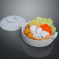 White Textured Bowl With Lid Holding Fresh Vegetables Eggs And Fried Balls