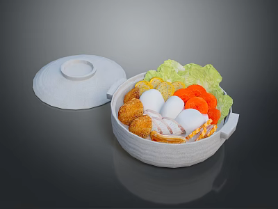 White Textured Bowl With Lid Holding Fresh Vegetables Eggs And Fried Balls 3d model