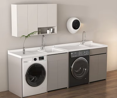 Modern Laundry Room Interior With Washing Machine Dryer Sink Cabinets And Potted Plant 3d model