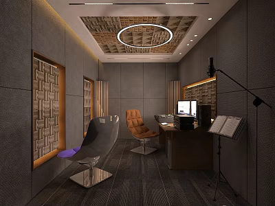 Modern Music Workspace With Ergonomic Chair Desk Floor Lamp And Carpet Ceiling Light 3d model