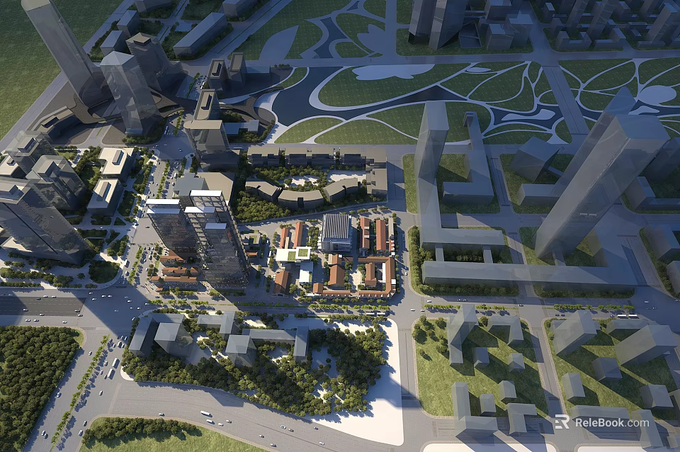 Modern Urban Office Building Complex With High rise Structures And Green Landscaped Areas 3d model 