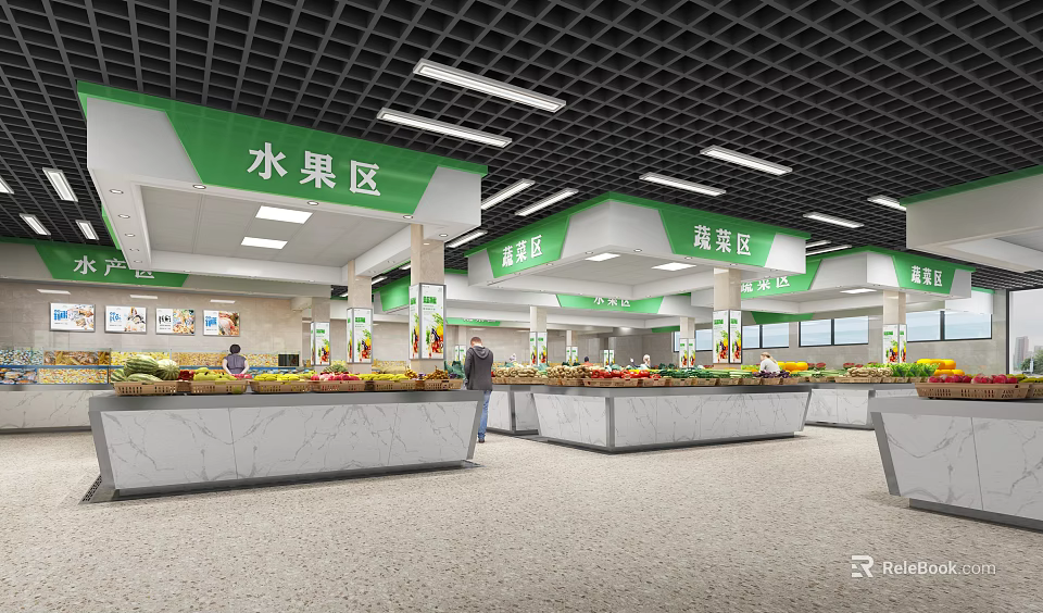 Supermarket Grocery Fresh Fruits Vegetables Section Display With Abundant Produce 3d model 