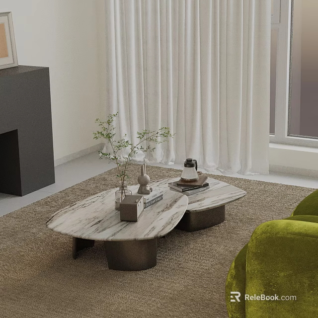 Modern Green Sofa and Coffee Table Set With Two Tables Featuring Vase Books on Rug 3d model 