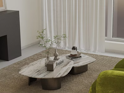 Modern Green Sofa and Coffee Table Set With Two Tables Featuring Vase Books on Rug 3d model