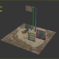 Outdoor Platform Scene With Flagpole Banner Metal Fences And Barrels On Brick Ground