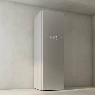 Silver Vertical Home Appliance Featuring Digital Temperature Display In Gray Wall Corner 3d model