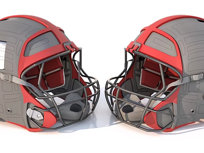 Red And Gray Baseball Protective Helmets With Face Masks And Straps 3d model