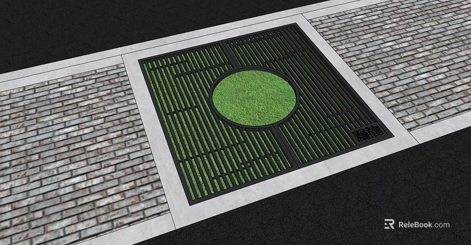 Square Flower Planter with Round Green Lawn Center Black Grille Pattern and Brick Pavement 3d model 