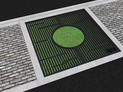Square Flower Planter with Round Green Lawn Center Black Grille Pattern and Brick Pavement 3d model