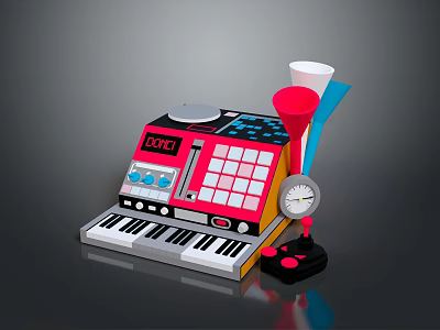 KOTEL Electronic Equipment with Piano Style Keyboard Buttons Knobs Red Speaker Clock and Joystick 3d model