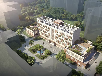 Modern Multi story Building Complex With Landscaped Courtyard Green Spaces And Rooftop Amenities 3d model