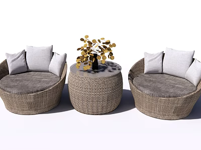 Round Woven Outdoor Sofa Set with Gray Cushions White Pillows and Gold Decor Table 3d model
