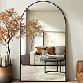 Large Arched Mirror Reflecting Cozy Living Room With Sofa Pillows And Decorative Tree