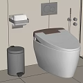 Modern Sleek White Toilet In Bathroom Interior With Waste Bin And Toilet Paper Holder