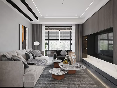 Modern Living and Dining Room Interior With Beige Sofa Coffee Tables TV Unit Decorative Painting and Window 3d model