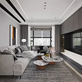 Modern Living and Dining Room Interior With Beige Sofa Coffee Tables TV Unit Decorative Painting and Window