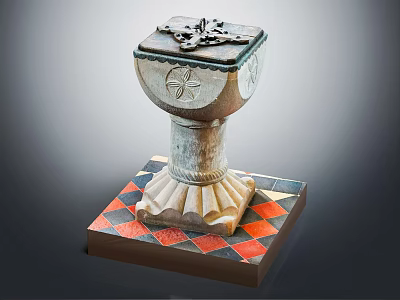 Intricately Carved Stone Pillar with Floral Patterns Ornate Top on Red Black Checkered Base 3d model