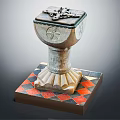 Intricately Carved Stone Pillar with Floral Patterns Ornate Top on Red Black Checkered Base