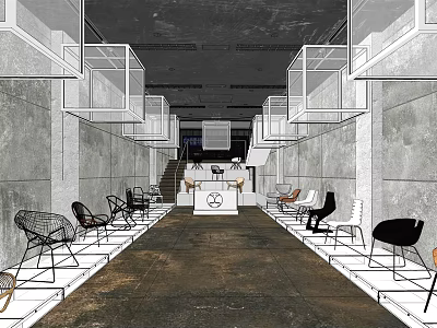 Modern Chair Store Interior With White Display Shelves And Various Chair Displays 3d model