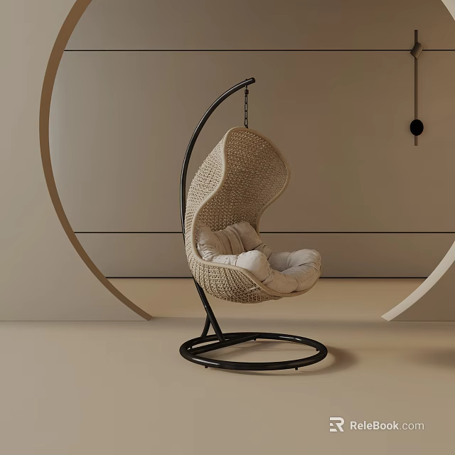 Modern Woven Rattan Hanging Leisure Chair with Black Metal Frame Circular Base and Beige Cushions 3d model 