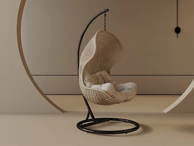 Modern Woven Rattan Hanging Leisure Chair with Black Metal Frame Circular Base and Beige Cushions 3d model