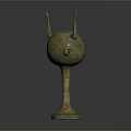 Ancient Bronze Vessel With Three Spires Ring Handles And Decorative Patterns On Slender Base 3d model