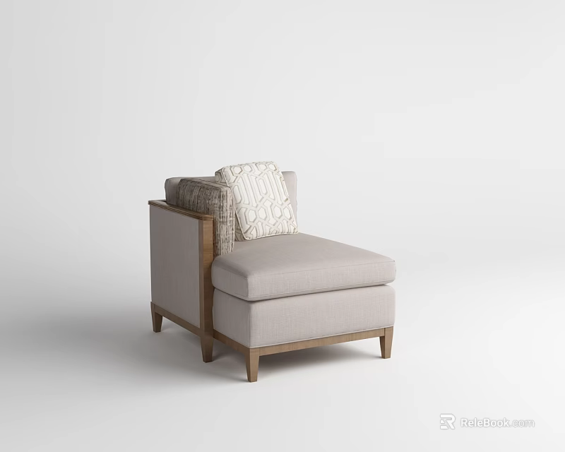 Modern Light Colored Ottoman With Wooden Legs And Patterned Cushion 3d model