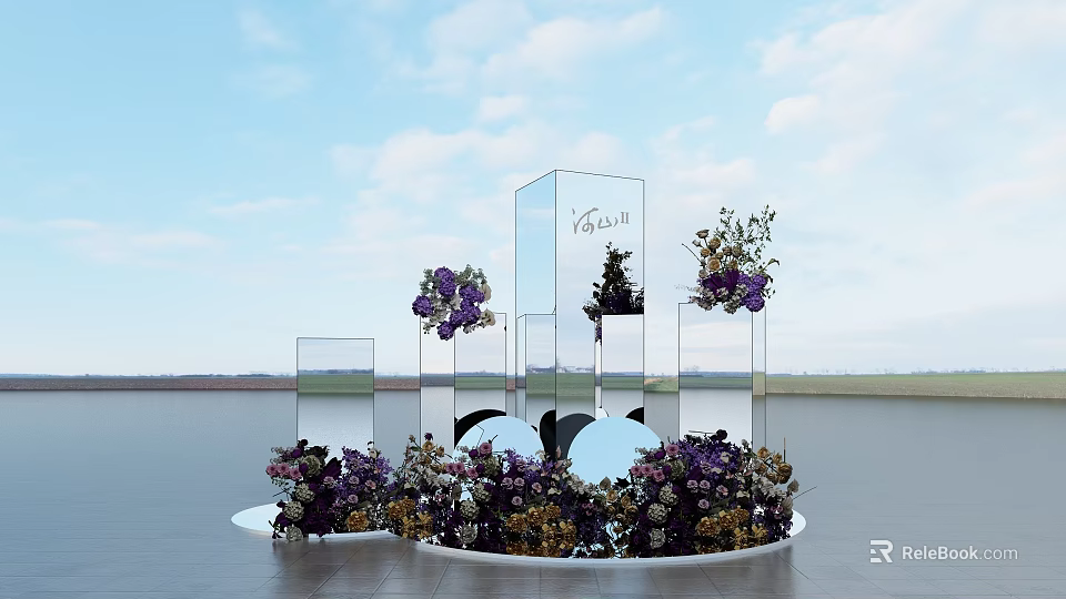 Elegant Photo Check-in Spot With Mirror Columns Purple Flowers And Water View 3d model 