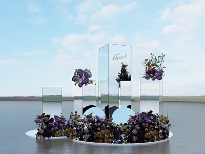 Elegant Photo Check-in Spot With Mirror Columns Purple Flowers And Water View 3d model