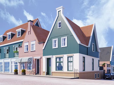 Charming Colorful Detached Villa With Red Roof And Windows In Street View 3d model