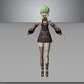 Stylized 3D Anime Character With Green Hair Purple Brown Outfit Decorative Cuffs And Leg Tattoos