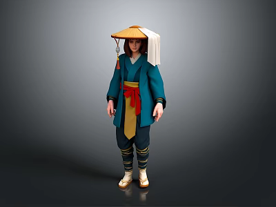 Traditional Costume With Blue Robe Red Sash Yellow Apron Bamboo Hat White Headscarf And Boots 3d model