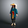 Traditional Costume With Blue Robe Red Sash Yellow Apron Bamboo Hat White Headscarf And Boots