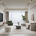 Minimalist Living Room Interior With Large TV Beige L Sofa Green Armchair And Potted Plant