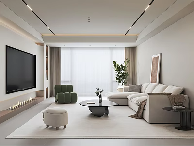 Minimalist Living Room Interior With Large TV Beige L Sofa Green Armchair And Potted Plant 3d model