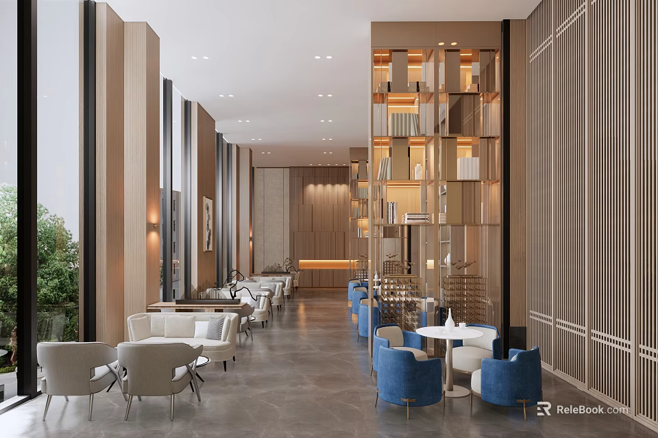 Modern Lounge Area Interior Design With Comfortable Sofas Blue Chairs And Wooden Display Shelves 3d model 