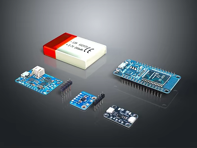 Various Electronic Components With Circuit Boards Microcontroller Modules And Battery Pack 3d model