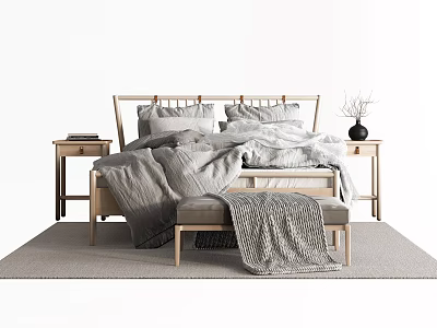 Modern Minimalist Double Bed With Wooden Frame Gray Bedding Side Tables And Bench 3d model