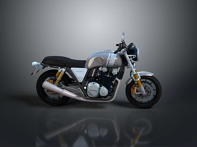 Vintage Style Motorcycle with Gray White Body Black Seat Yellow Shock Absorbers Silver Exhaust Pipe 3d model