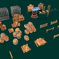 Wooden Craft Items Collection with Barrels Fences Ladders Crates and Logs for Scenes