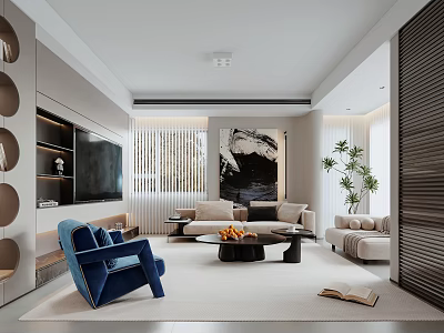 Modern Minimalist Bright Living And Dining Room Interior Design With Comfortable Sofas And Art Decorations 3d model
