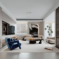 Modern Minimalist Bright Living And Dining Room Interior Design With Comfortable Sofas And Art Decorations