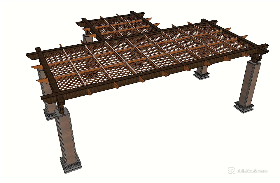 Outdoor Wooden Pergola With Grid Pattern Top And Square Supporting Columns Design 3d model 