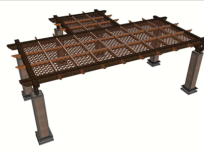 Outdoor Wooden Pergola With Grid Pattern Top And Square Supporting Columns Design 3d model