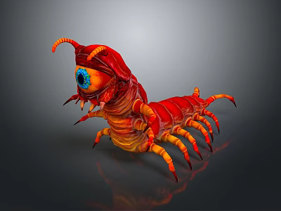 Red Orange Fantasy Creature With Large Blue Eye Long Antennae And Many Legs 3D Rendering 3d model