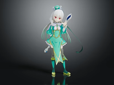 Anime Character Creature With Silver White Hair Red Eyes Teal Outfit Holding Mirror And Ribbons 3d model