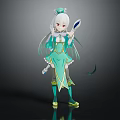 Anime Character Creature With Silver White Hair Red Eyes Teal Outfit Holding Mirror And Ribbons