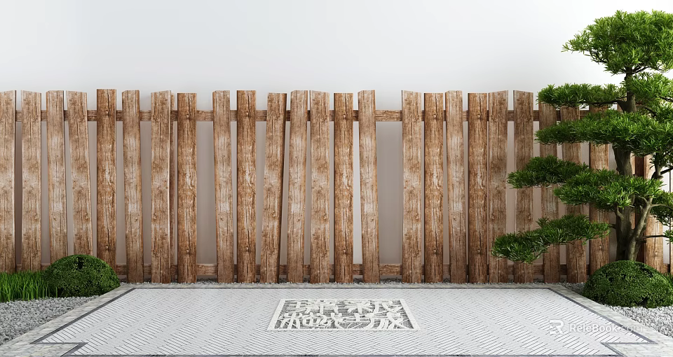 Elegant Garden Decor Design With Wooden Fence Stone Slab Floor Patterned Mat And Green Plants 3d model 